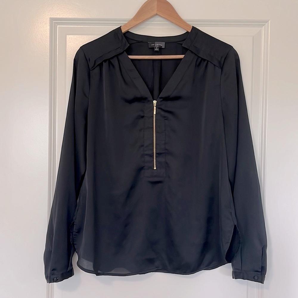 The Limited V Neck Black Blouse with Gold Zipper and Rounded Hem